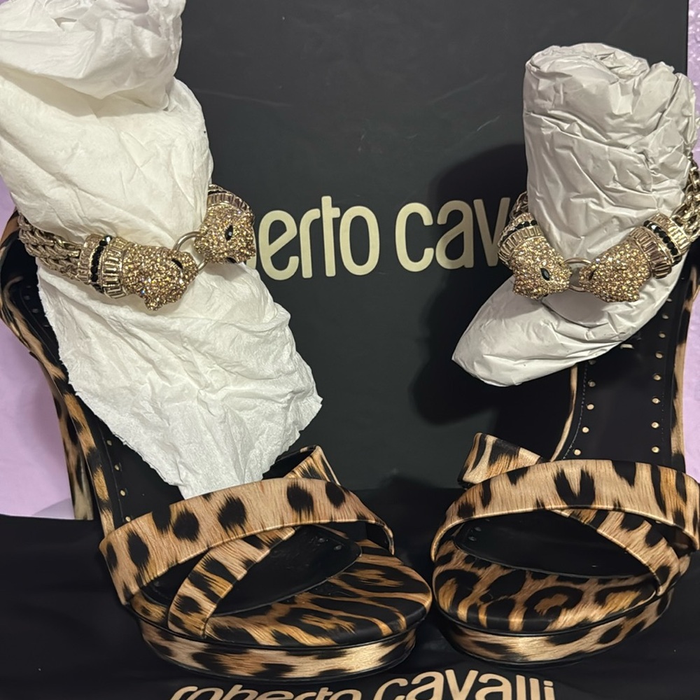 Brand, new pristine bling out Roberto Cavalli, high heels, sandals